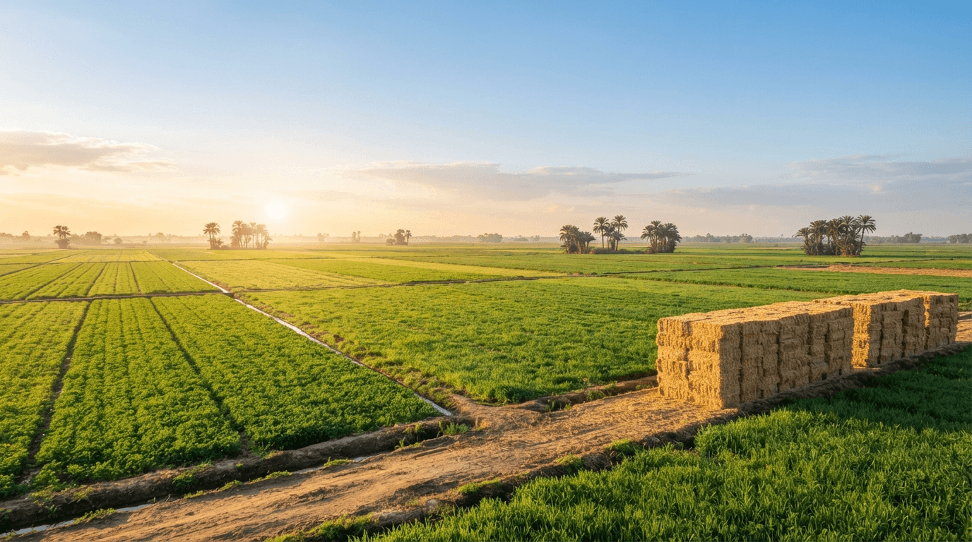 Green farmland at sunrise