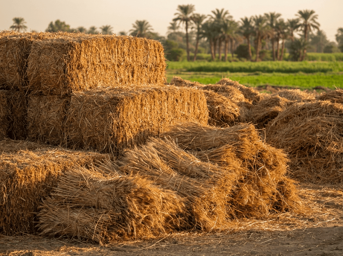 Rice straw and wheat stalks stacked at a collection point