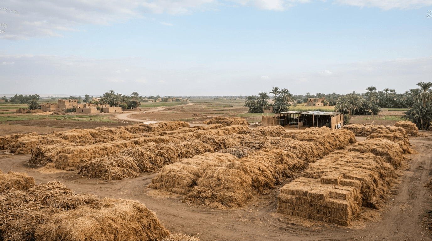 Piles of dry crop residue at a collection facility