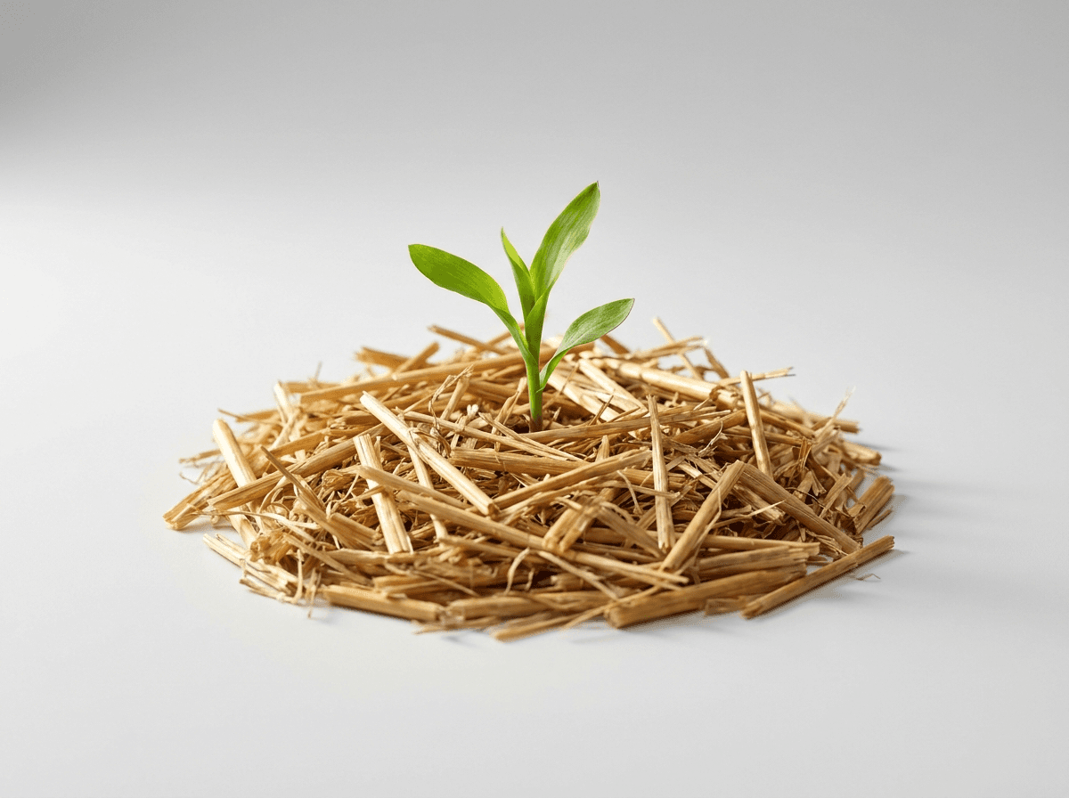 A small green sprout growing from a pile of collected crop residue