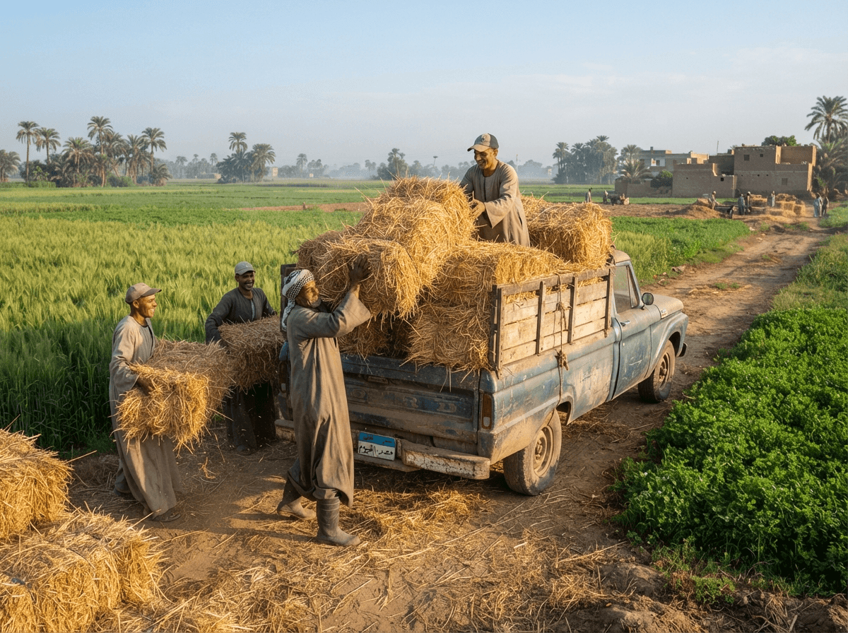 Farmers loading crop residue onto a truck at a collection point