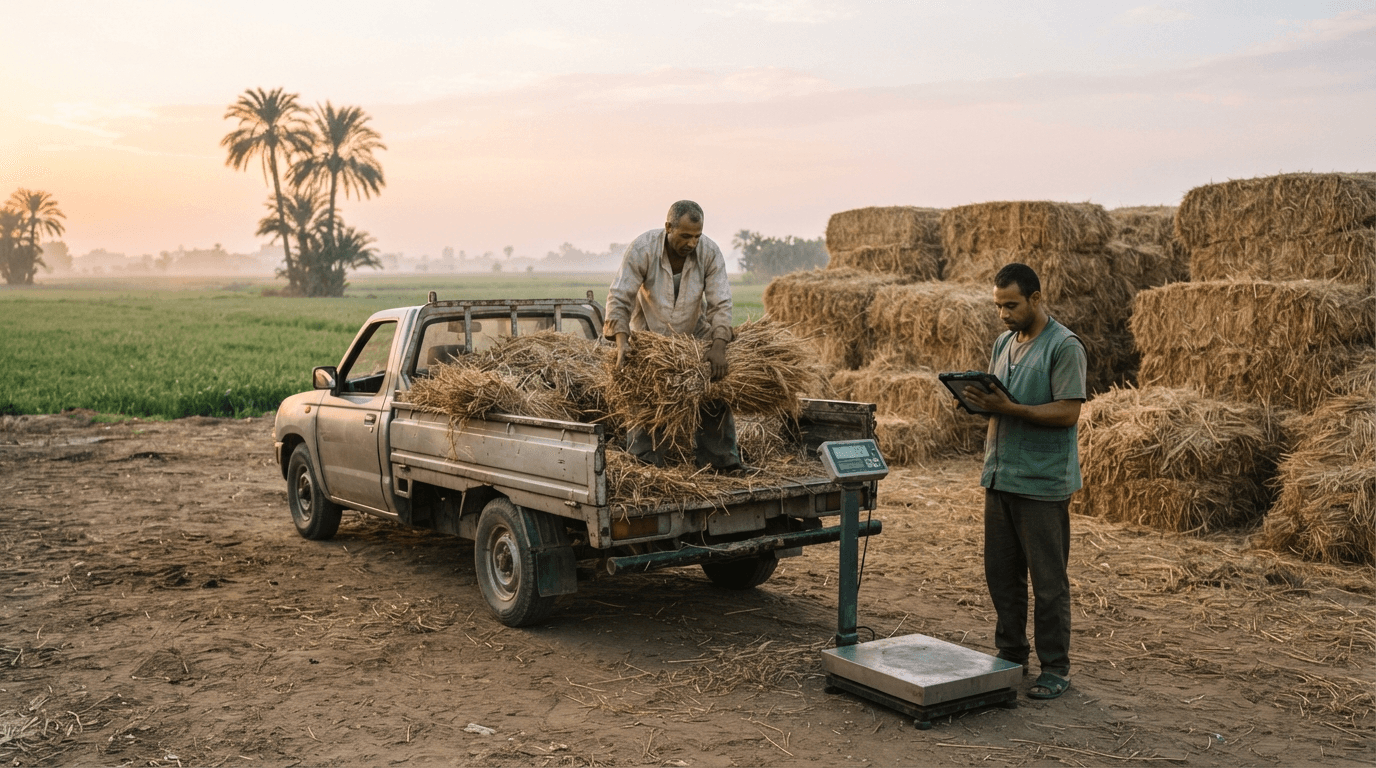 Crop residue being weighed and loaded at a collection point