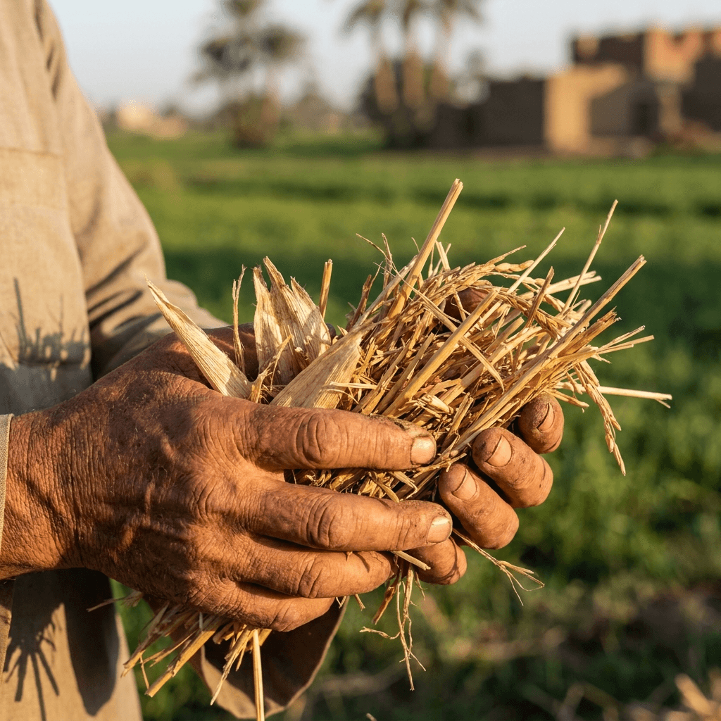 A farmer's hands holding dry crop residue