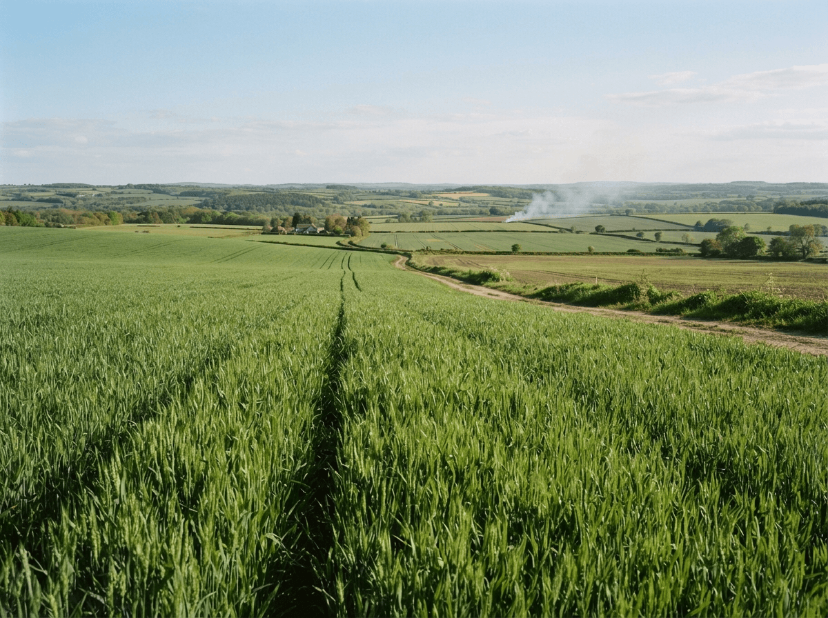Green field contrasted with smoke in the distance